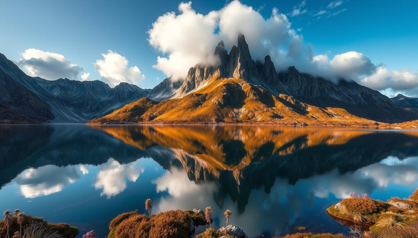 Cradle Mountain in Tasmania with reflective lake and pristine wilderness