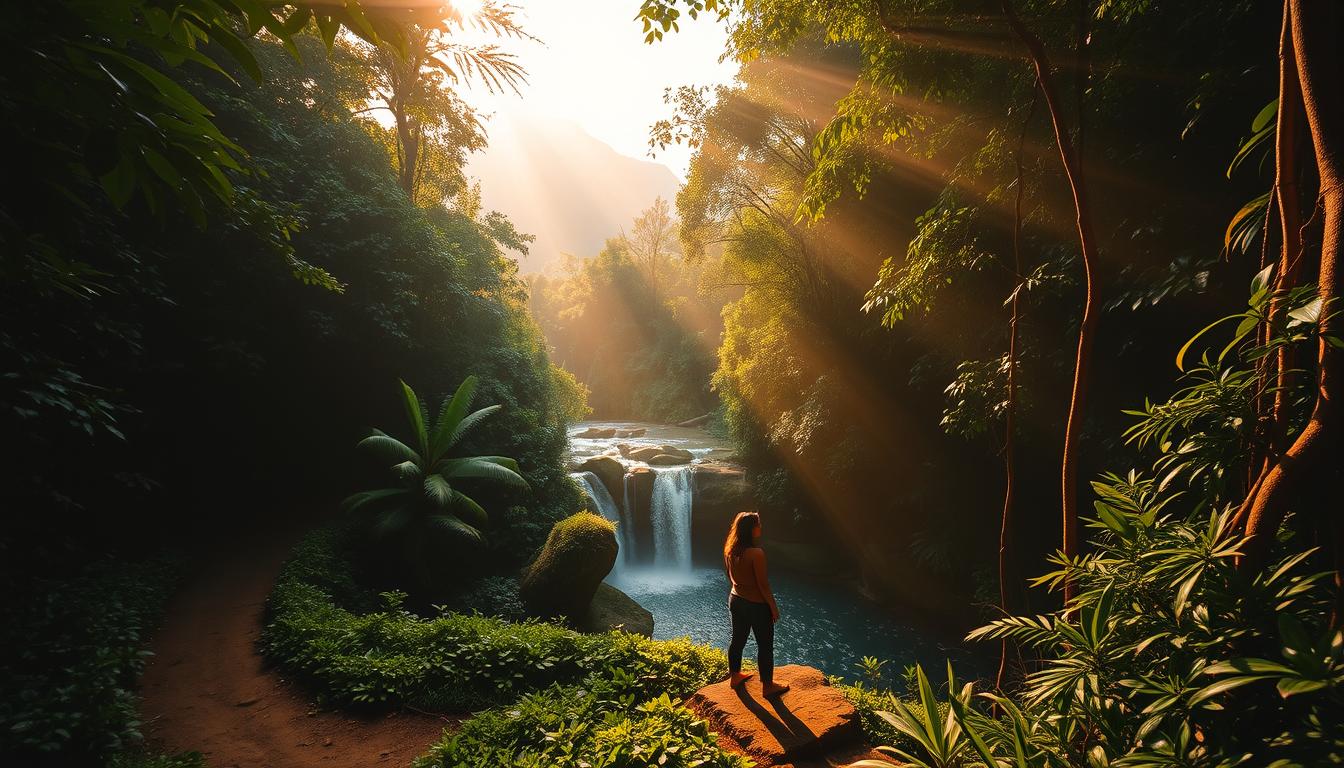 Solo Adventure Thailand - A tranquil jungle trail winds through lush foliage, leading to a hidden waterfall cascading into a serene pool. The warm, golden light filters through the canopy, casting a dreamlike glow on the scene. A lone traveler stands in awe, taking in the natural beauty that surrounds them. In the distance, the silhouettes of distant mountains add depth and a sense of adventure to the landscape. The camera captures the moment with a wide-angle lens, showcasing the grandeur of this solo journey through Thailand's untamed wilderness.