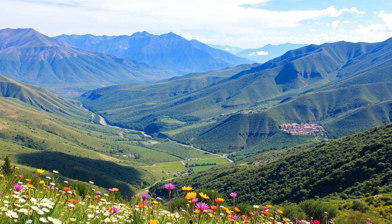 Seasonal landscape in Morocco showing spring blooms in the Atlas Mountains