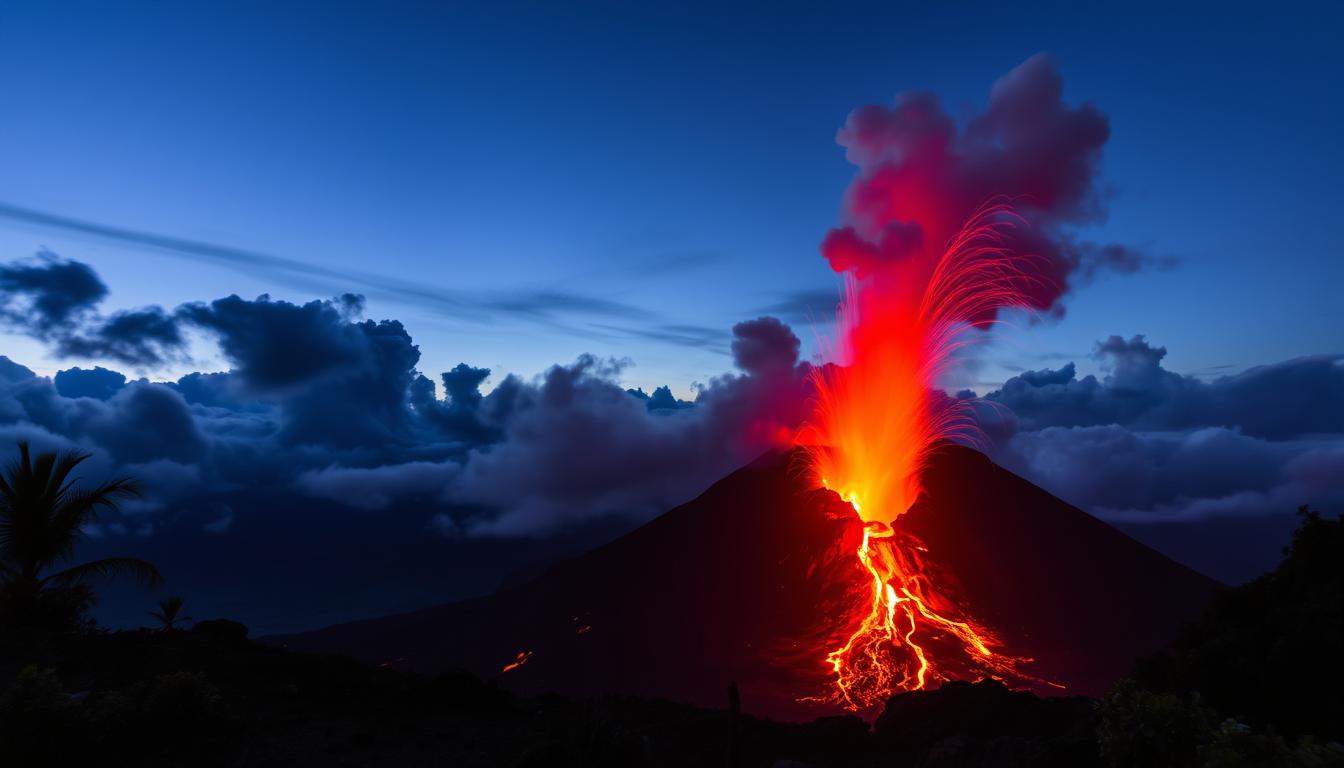 Yasur Volcano on Tanna Island, Vanuatu, with dramatic lava eruption at dusk
