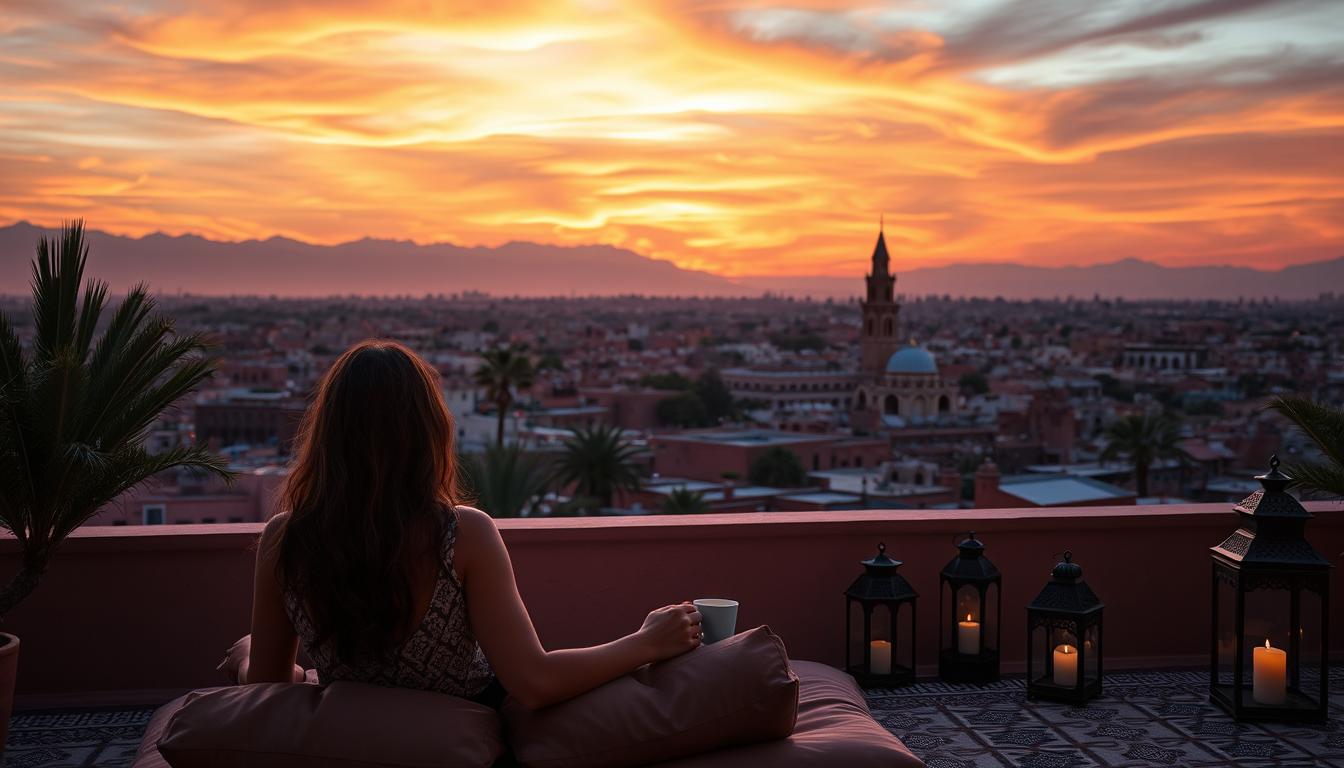 Couple watching sunset over Marrakech from riad terrace in Romantic Morocco