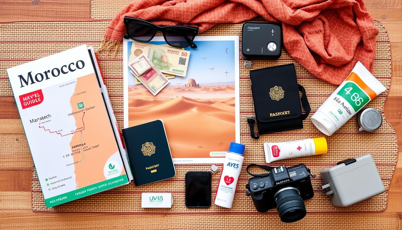 Traveler packing essentials for Morocco itinerary 7 days with map and guidebook