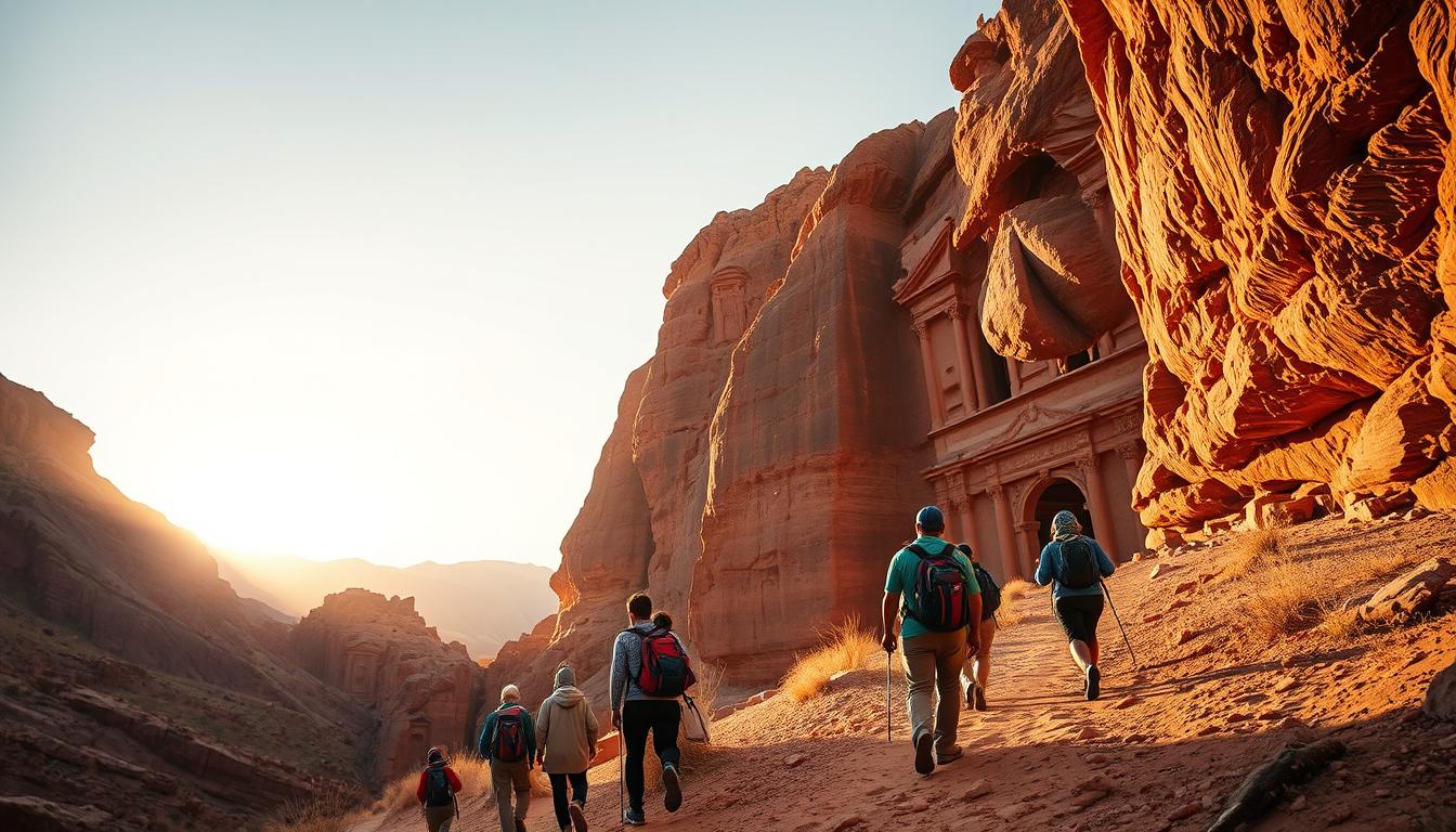 Hikers on the Jordan Trail with dramatic desert landscape and ancient ruins