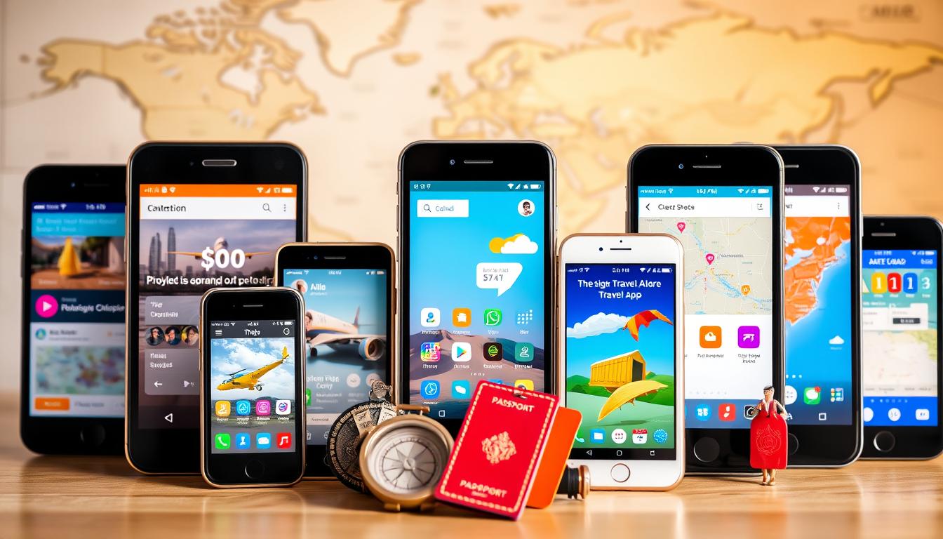 A vibrant collage of budget travel apps, showcased against a backdrop of a world map and travel-themed icons. In the foreground, a collection of smartphone screens displaying various app interfaces, each highlighting a different functionality - flight booking, accommodation, currency conversion, navigation, and travel guides. The middle ground features miniature travel accessories like a compass, passport, and luggage tags, complementing the digital offerings. The background displays a softly blurred world map, emphasizing the global reach and connectivity of these budget-friendly tools. Warm lighting casts a welcoming glow, conveying the excitement and accessibility of affordable travel experiences.