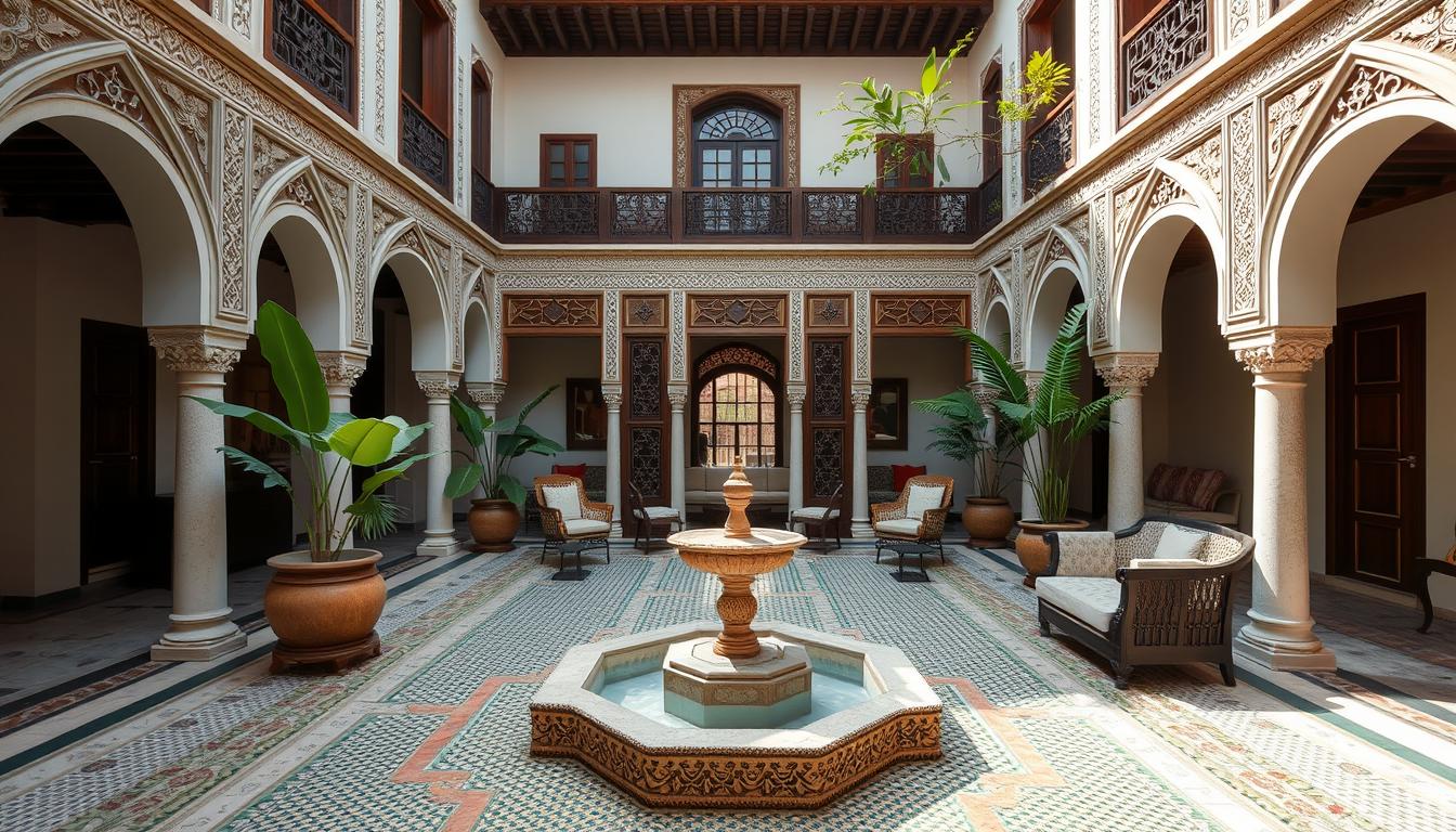 Interior courtyard of a traditional Moroccan riad with fountain and tilework
