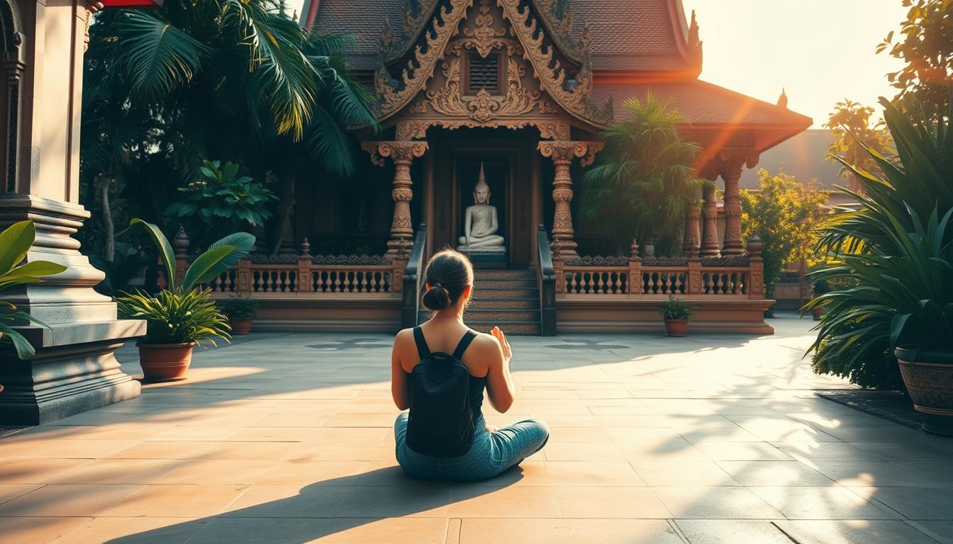 A serene temple courtyard in Thailand, the warm afternoon sun casting a golden glow. In the foreground, a lone traveler sits cross-legged, hands folded in meditation, observing the intricate carvings and architectural details with reverence. Surrounding them, lush tropical foliage and ornate structures evoke a sense of cultural immersion. The traveler's posture and demeanor convey a deep respect for the sacred space, their solitary experience heightening the connection to the environment. Soft shadows play across the scene, creating a contemplative atmosphere. The image captures the essence of a respectful solo travel encounter, inviting the viewer to appreciate the beauty and significance of Thailand's cultural heritage.