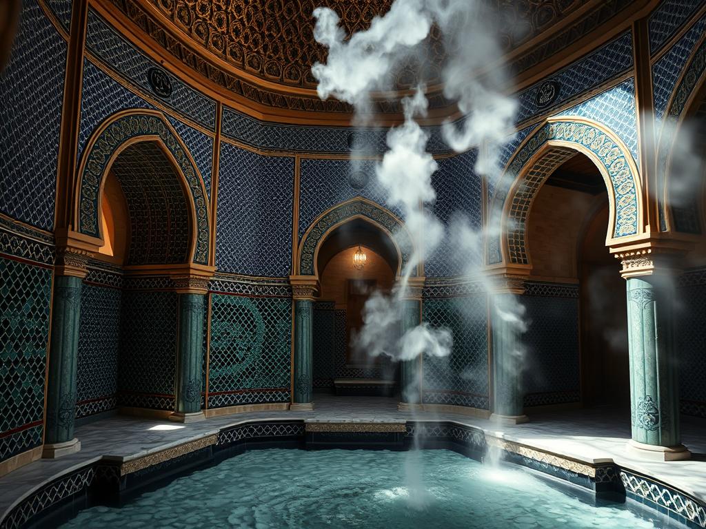 Traditional Moroccan hammam with ornate tilework and arched doorways - unforgettable experiences in Morocco