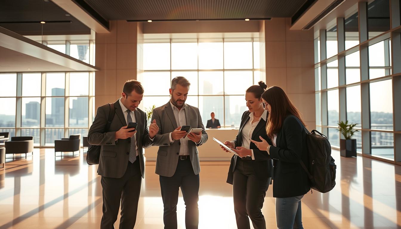 A modern hotel interior with a large, well-lit lobby. In the foreground, a group of business travelers are studying hotel booking information on their laptops and smartphones, engaged in animated discussion. The middle ground features a sleek, minimalist reception desk staffed by a welcoming concierge. The background showcases floor-to-ceiling windows offering a view of a vibrant city skyline. The lighting is a warm, inviting mix of natural sunlight and subtle accent lighting, creating a professional yet relaxed atmosphere. The composition emphasizes the decision-making process of hotel booking, with the travelers' thoughtful expressions conveying the strategic considerations involved.