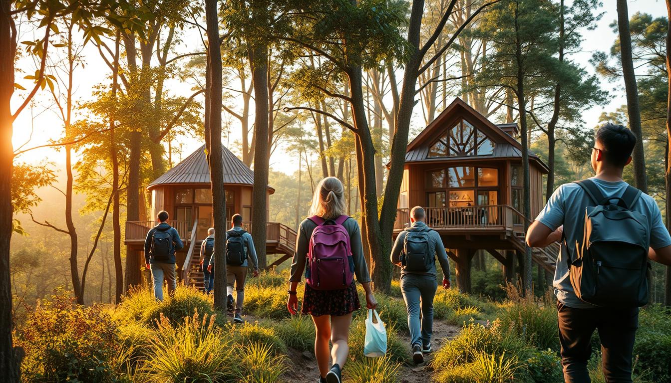 Travelers exploring sustainable destinations in 2025, showing people hiking through a lush forest with eco-friendly accommodations visible in the background