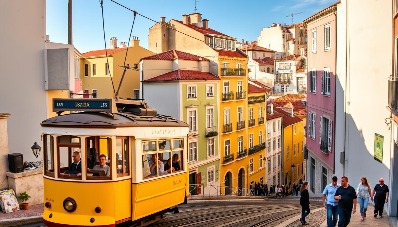 Colorful streets of Lisbon with traditional yellow trams and historic architecture