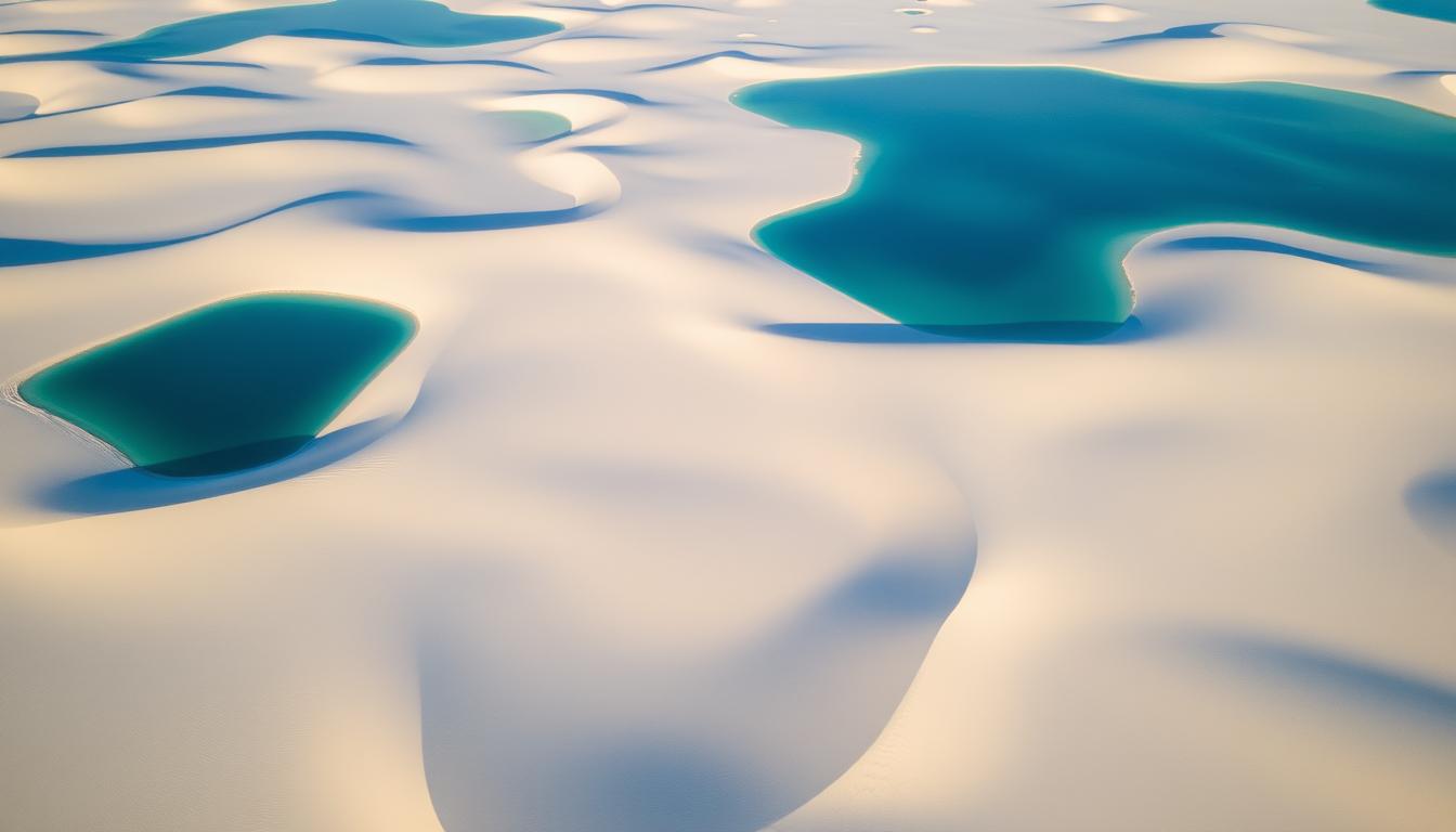 Aerial view of Lençóis Maranhenses National Park showing white sand dunes with blue lagoons