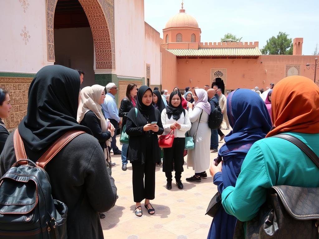 Tourists respectfully dressed visiting a mosque in Morocco
