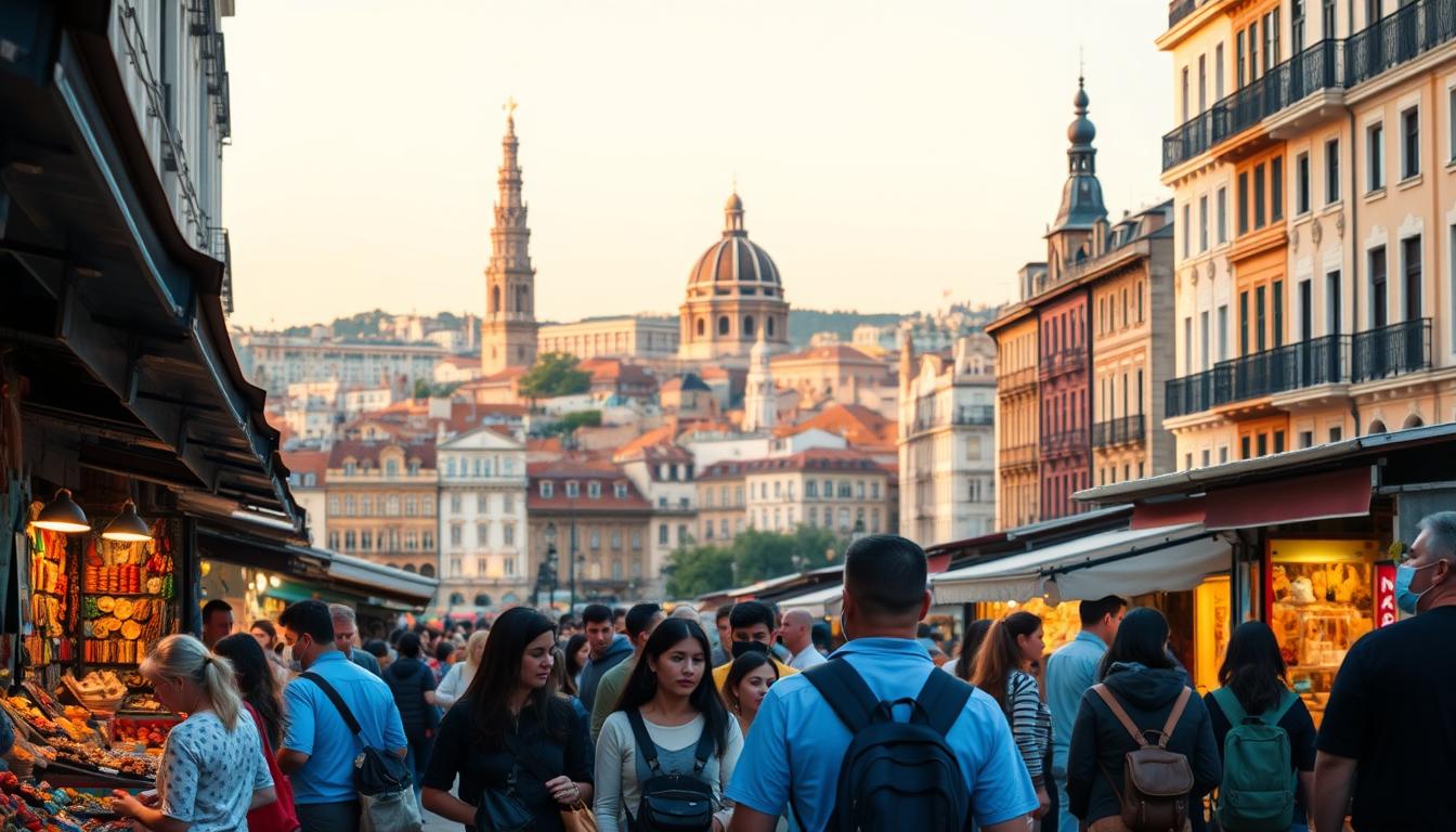 Vibrant cityscape with budget-friendly sightseeing. In the foreground, a group of tourists exploring an outdoor market, browsing local handicrafts and street food stalls. In the middle ground, a historic landmark like a cathedral or palace, illuminated by warm, golden-hour lighting. In the background, a skyline of eclectic architecture, hinting at the diverse cultural heritage of the city. The scene evokes a sense of adventure and discovery, with an emphasis on immersing oneself in the local ambiance without breaking the bank.