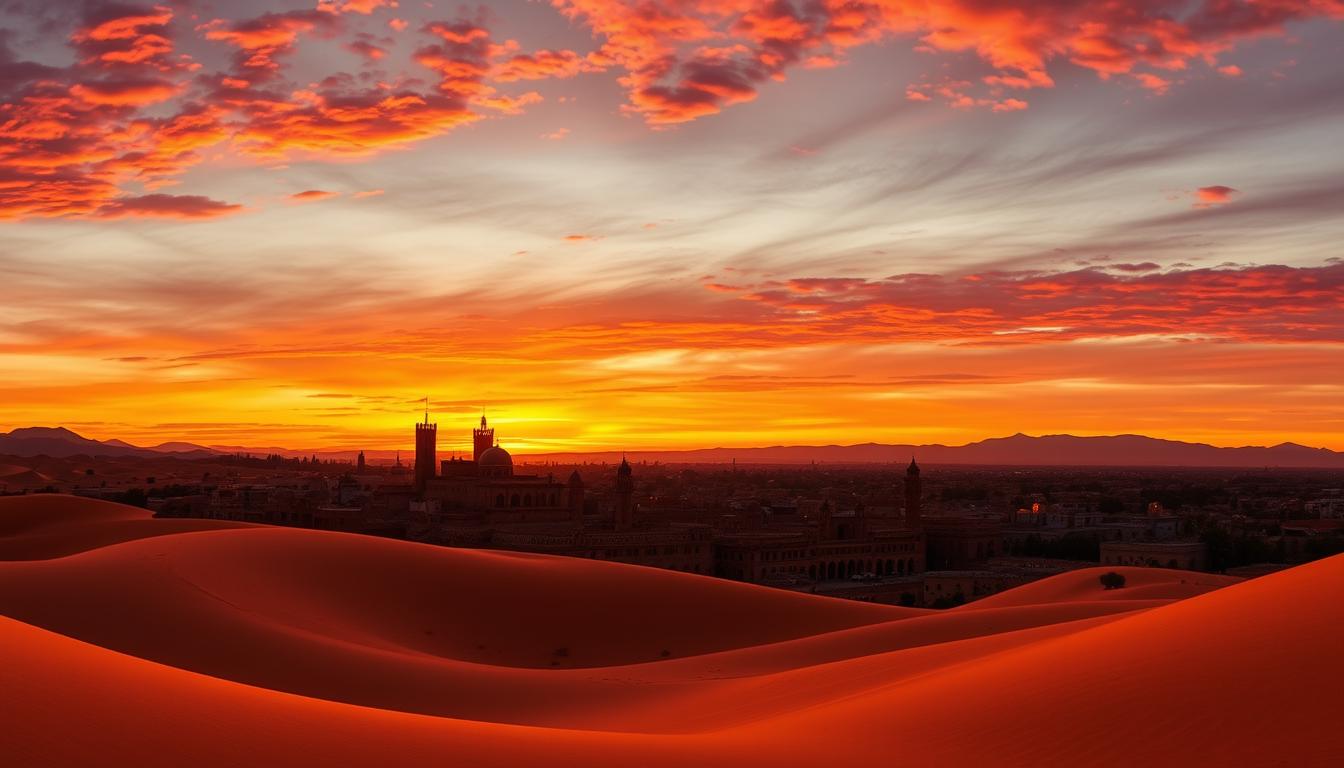 Sunset over Morocco showing desert, mountains and ancient city - unforgettable experiences in Morocco