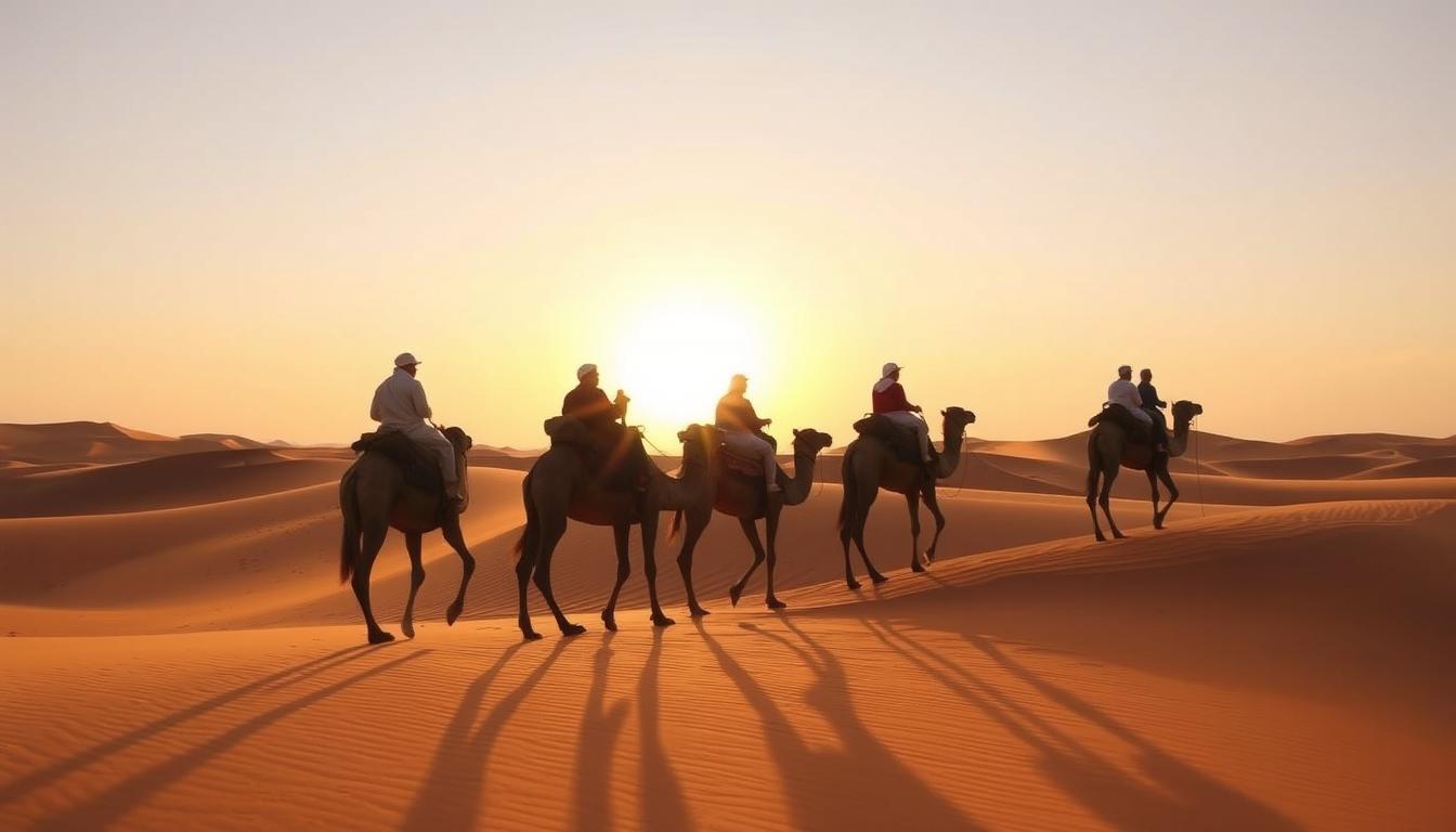 Camel caravan trekking through the Sahara Desert in Morocco