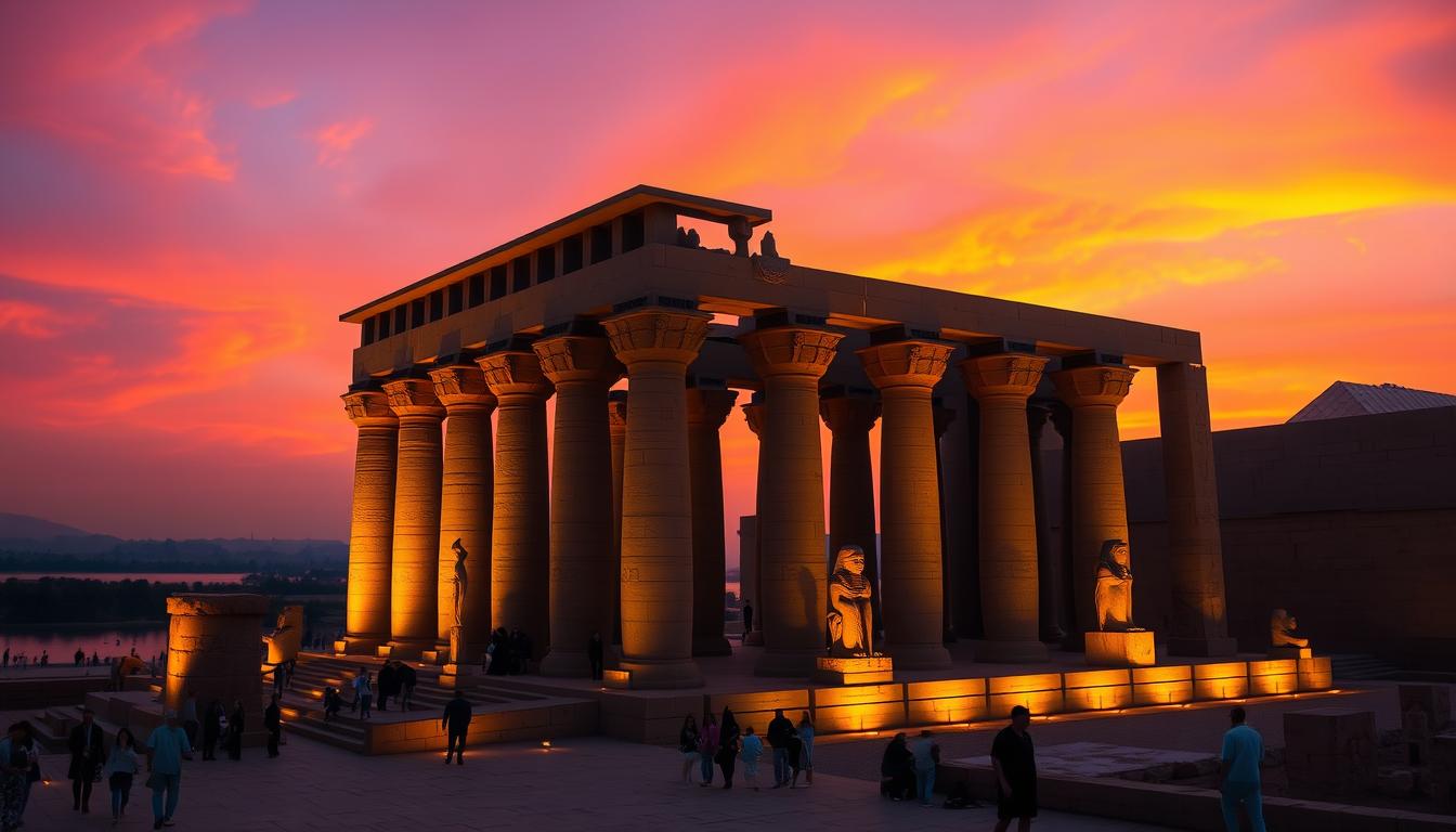 Luxor Temple at sunset with ancient Egyptian columns and statues illuminated