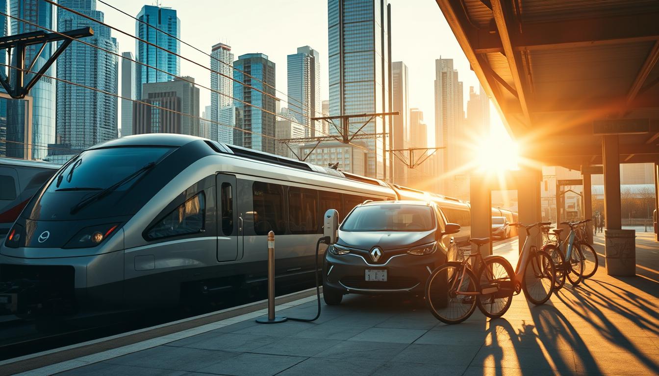 A bustling transportation hub with various modes of travel converging - a high-speed train pulling into the station, a sleek electric car charging at a curbside station, and a few bicycles parked nearby. The scene is bathed in warm, golden afternoon light, casting long shadows and creating a sense of energy and efficiency. In the background, a modern cityscape with towering skyscrapers provides a dynamic, metropolitan backdrop. The composition emphasizes the harmonious integration of different transportation options, conveying the idea of an accessible, environmentally-conscious, and time-saving "weekend warrior" lifestyle.