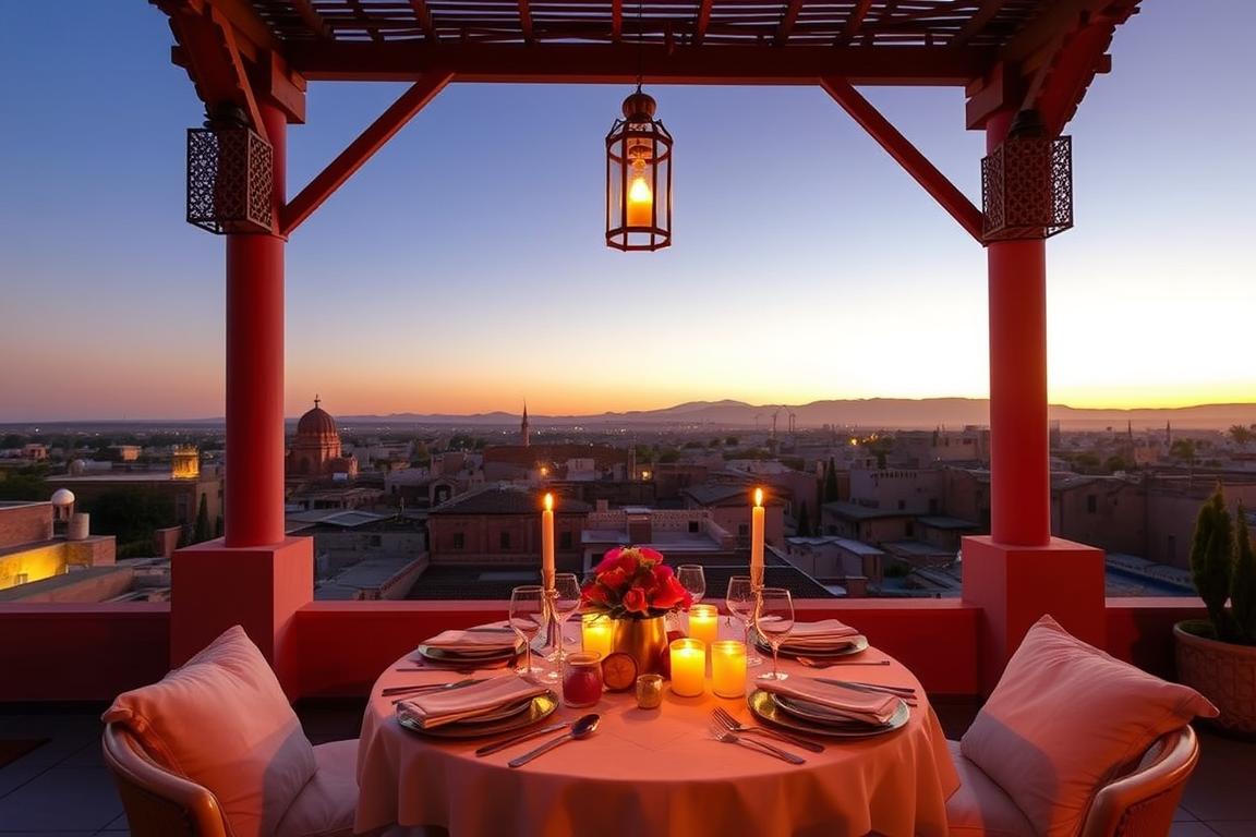 Private rooftop terrace dinner in a Romantic Morocco riad