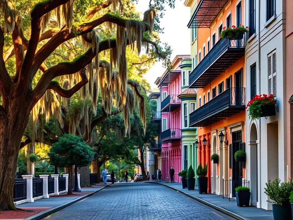 Historic architecture in Charleston with colorful buildings and cobblestone streets