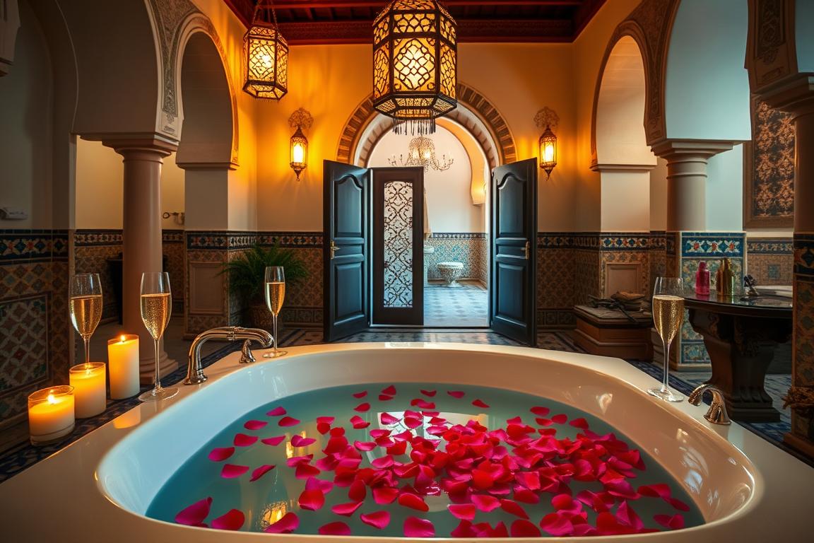 Rose petal bath for couples in luxury riad in Romantic Morocco