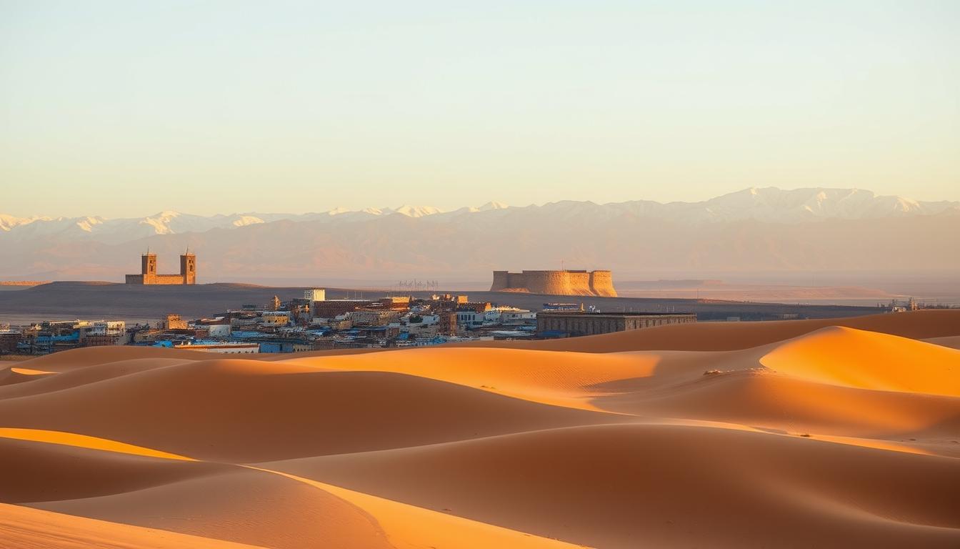 Panoramic view of Morocco's diverse landscapes showing the Sahara Desert, ancient medinas, and Atlas Mountains - unforgettable experiences in Morocco