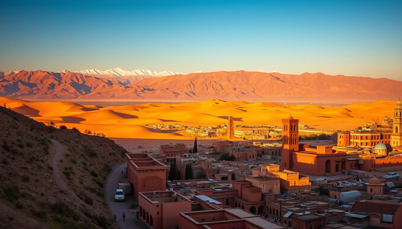 Panoramic view of Morocco showing the Atlas Mountains, desert landscapes, and historic architecture