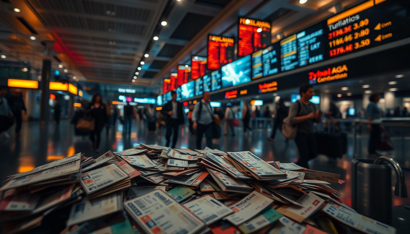 A bustling international airport terminal, dimly lit with warm, diffused lighting. In the foreground, a scattered array of airline tickets, boarding passes, and currency exchange slips, hinting at the complexities and hidden costs of travel. In the middle ground, travelers hurry through the terminal, their faces a mix of excitement and anxiety. The background is a kaleidoscope of digital displays, showing real-time flight information, baggage claim updates, and dynamic pricing for hotels and flights. The overall atmosphere is one of uncertainty and the unseen factors that can drastically impact the final cost of a journey.