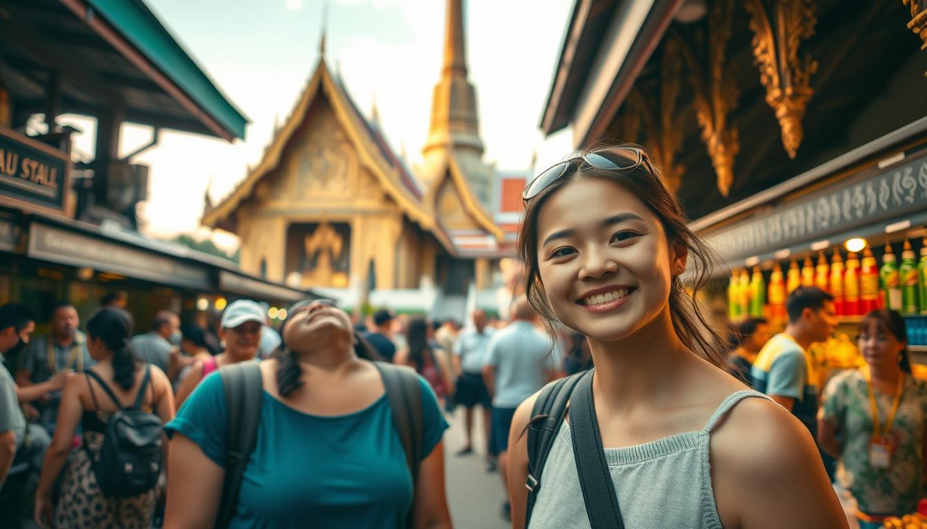 A vibrant scene of a solo traveler in Thailand, captured with a cinematic lens. In the foreground, a young woman stands in a bustling open-air market, her face aglow with a warm, inquisitive smile as she engages with a local vendor. The middle ground showcases a lively crowd of diverse characters - locals and tourists alike - mingling and exchanging stories, creating a tapestry of cultural exchange. In the background, the iconic architecture of a Buddhist temple rises majestically, its gilded spires and intricate carvings bathed in the soft, diffused light of the late afternoon sun. The overall atmosphere evokes a sense of openness, connection, and the spirit of discovery that embodies the essence of solo travel in Thailand.