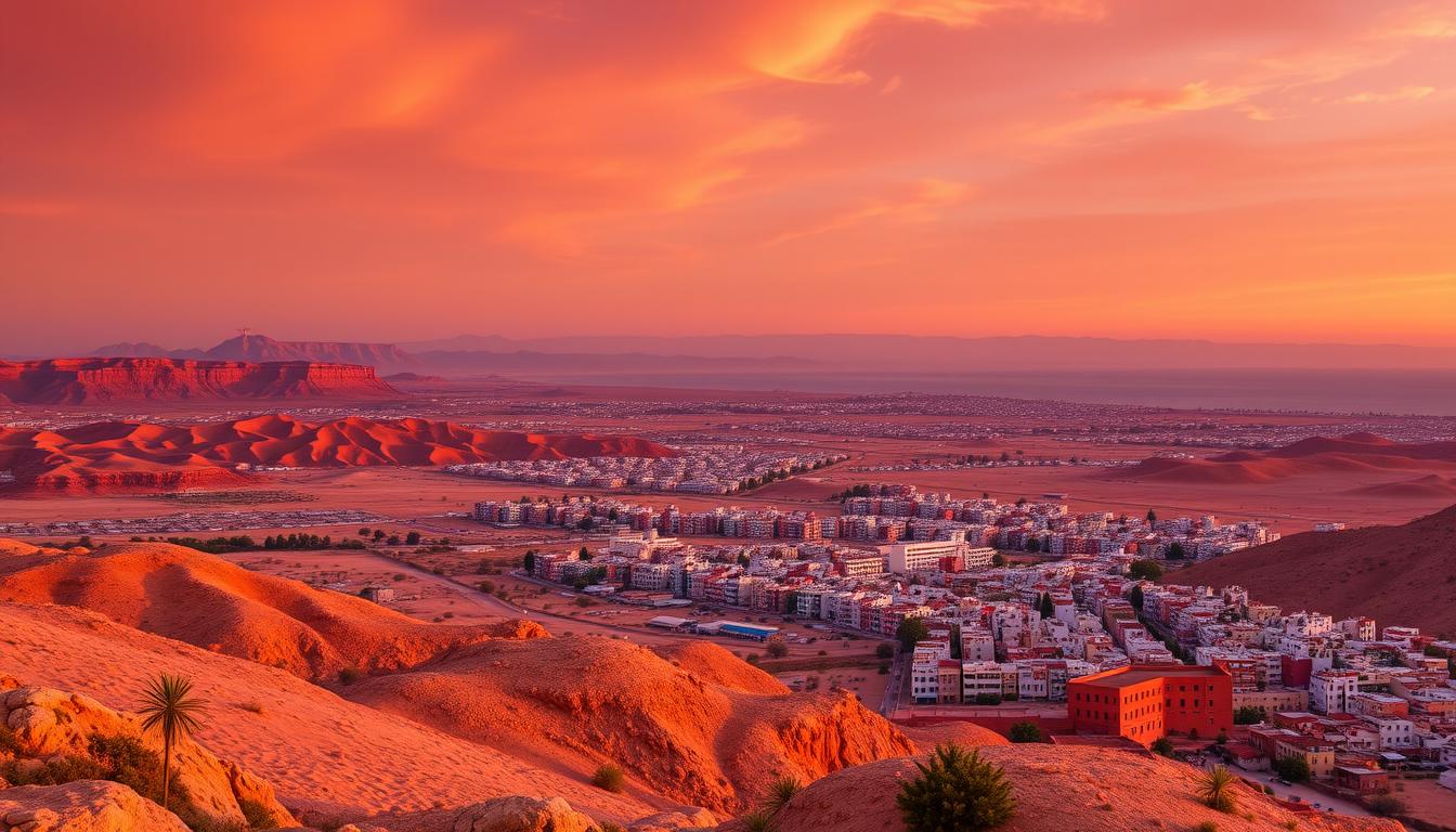 Sunset over Morocco showing diverse landscapes from mountains to desert to coast