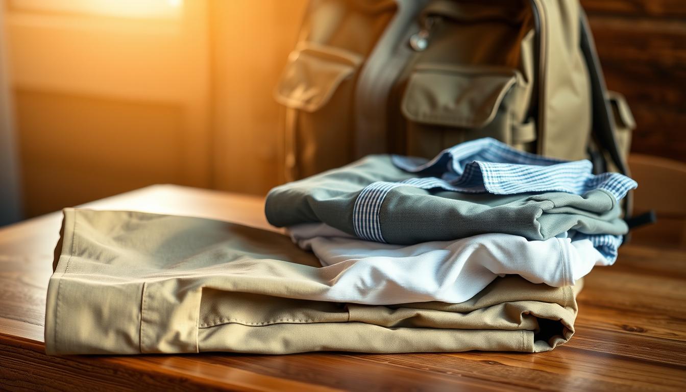 A neatly folded stack of versatile travel clothing rests on a wooden table, bathed in warm, natural lighting. In the foreground, a pair of slim-fit, quick-drying pants, a lightweight, moisture-wicking t-shirt, and a wrinkle-resistant collared shirt are prominently displayed. In the middle ground, a reversible jacket with multiple pockets and a packable rain shell add layers of functionality. The background features a neutral-toned canvas backpack, hinting at the adventurous journey ahead. The overall scene conveys a sense of practicality, comfort, and effortless style - the perfect ensemble for the modern, versatile traveler.