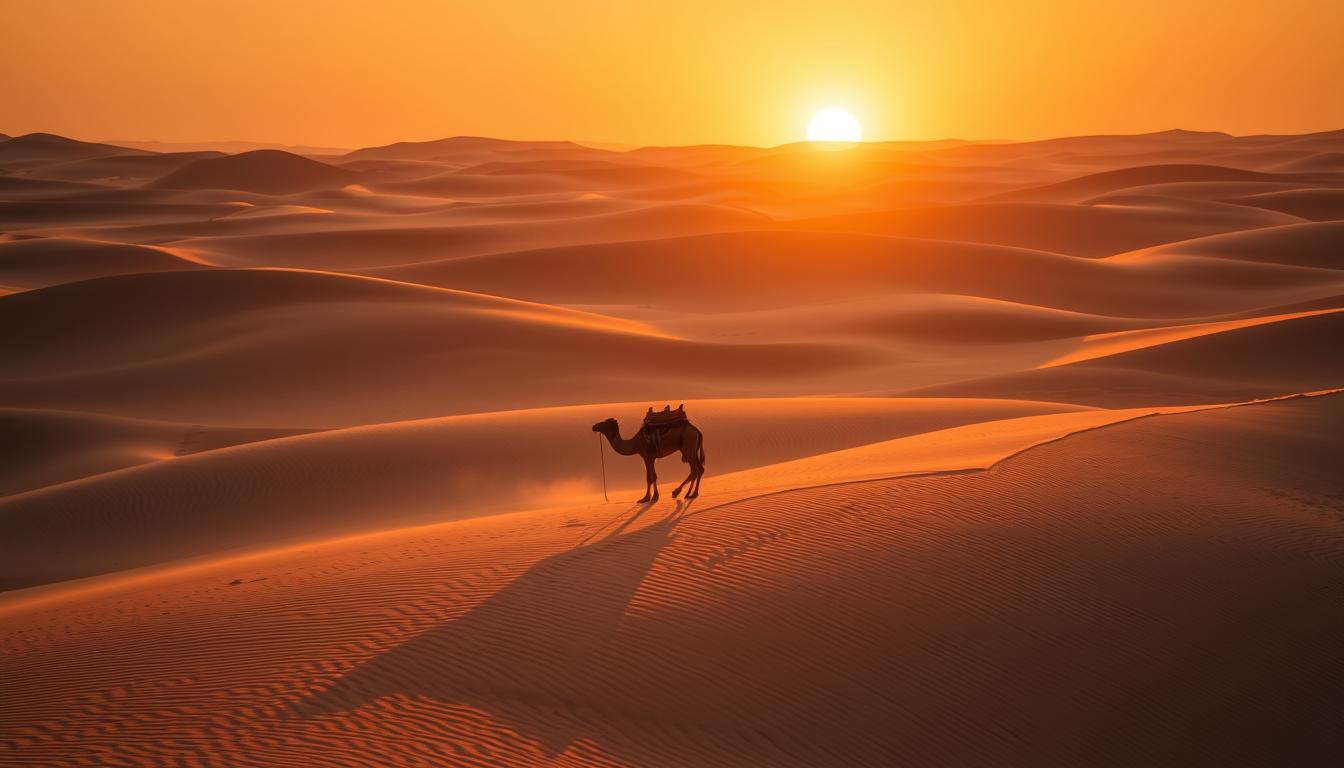 Sunrise over Sahara Desert dunes with camels, essential experience in Morocco itinerary 7 days