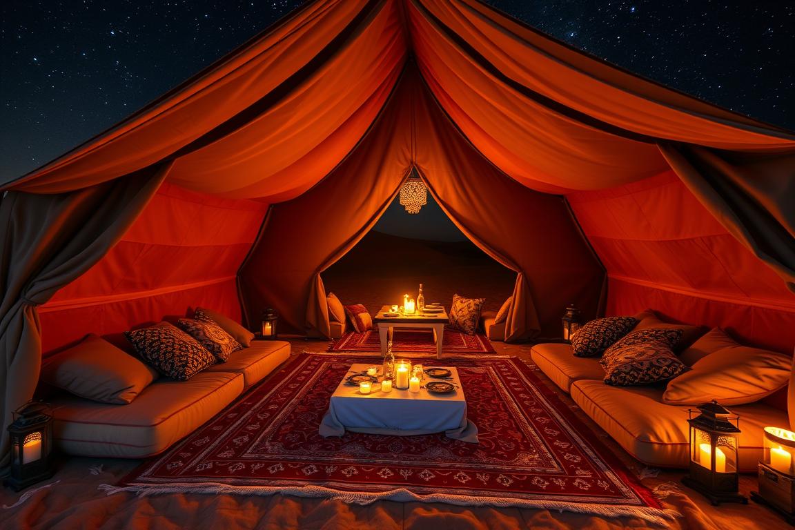 Luxury desert camp in Romantic Morocco with candlelit dinner setup