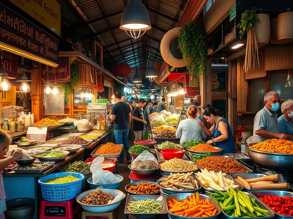 Traditional Thai food market in Chiang Mai with colorful dishes and local vendors
