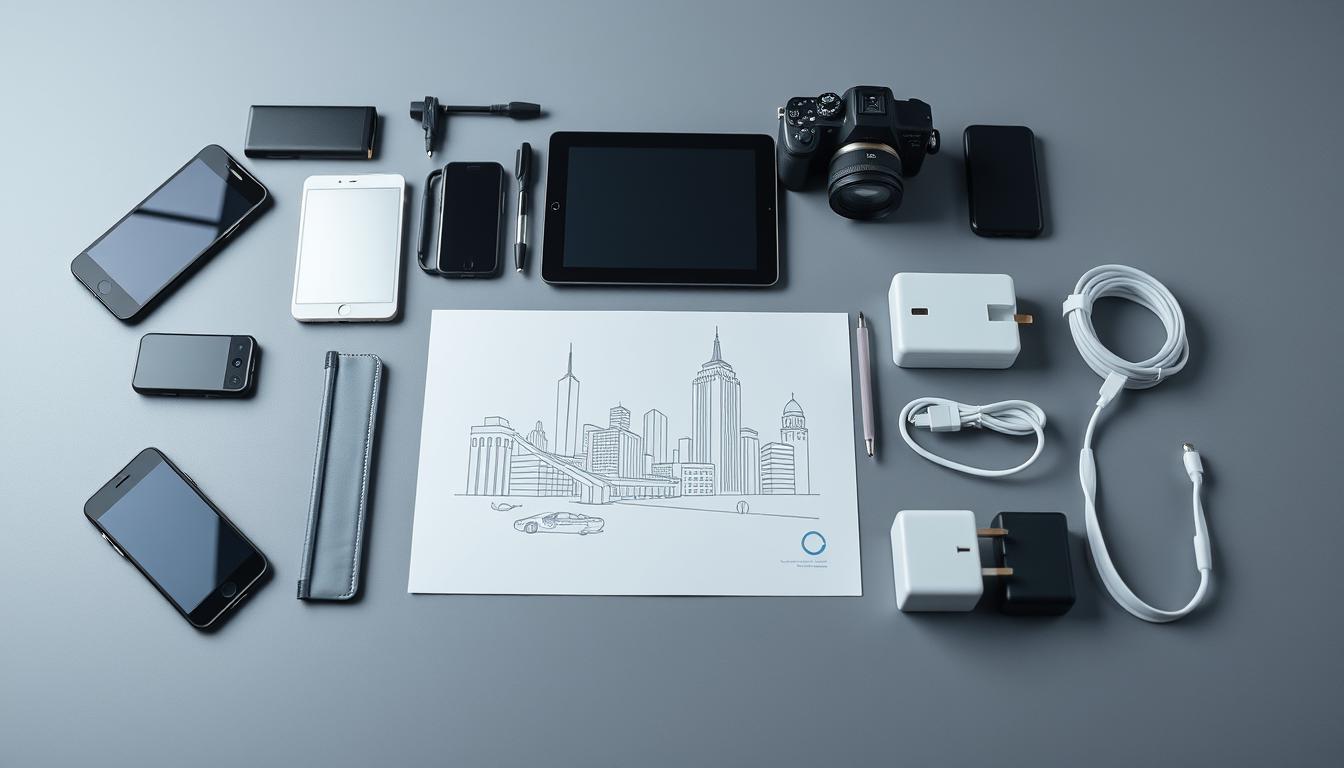 A meticulously organized travel electronics checklist laid out on a minimalist gray surface, with a sleek, modern aesthetic. The foreground features a neatly arranged array of essential gadgets - smartphone, tablet, e-reader, camera, power banks, charging cables, and adaptors. The middle ground showcases a minimalist, wireframe-style sketch of the items, while the background depicts a softly blurred cityscape, hinting at the adventurous journey ahead. The lighting is cool and directional, casting subtle shadows that accentuate the clean lines and precision of the composition. The overall mood is one of practicality, efficiency, and technological preparedness for the discerning traveler.