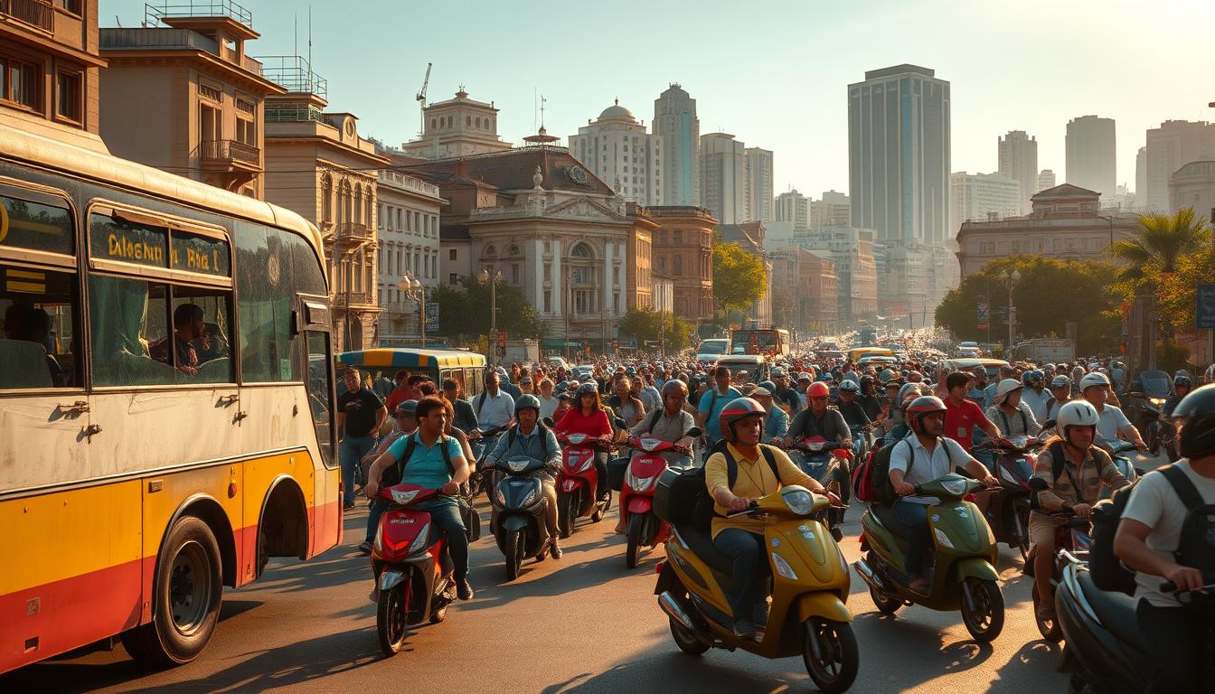 A bustling city street, bathed in warm, golden afternoon light. In the foreground, a diverse array of budget-friendly transportation options - a well-worn city bus, a fleet of brightly colored bicycles, and a handful of scooters and mopeds weaving through traffic. In the middle ground, locals and tourists alike navigate the lively scene, carrying backpacks and suitcases. In the background, a mix of historic buildings and modern high-rises create a vibrant, metropolitan backdrop. The overall atmosphere is one of energy, efficiency, and the thrill of exploration on a shoestring budget.