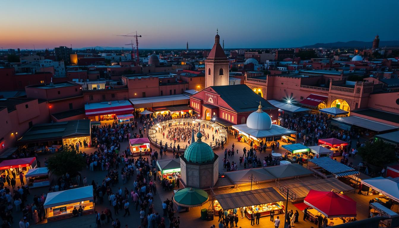 Bustling Djemaa El Fna square in Marrakech, Morocco