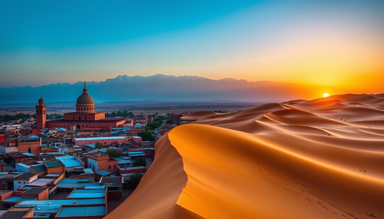 Panoramic view of Morocco showing Marrakech medina, Atlas Mountains, and Sahara Desert dunes for a 7-day Morocco itinerary