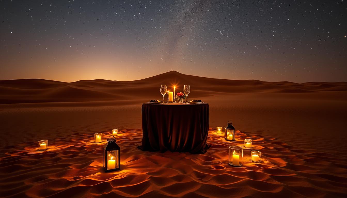 Private dinner setup in the Sahara desert of Romantic Morocco