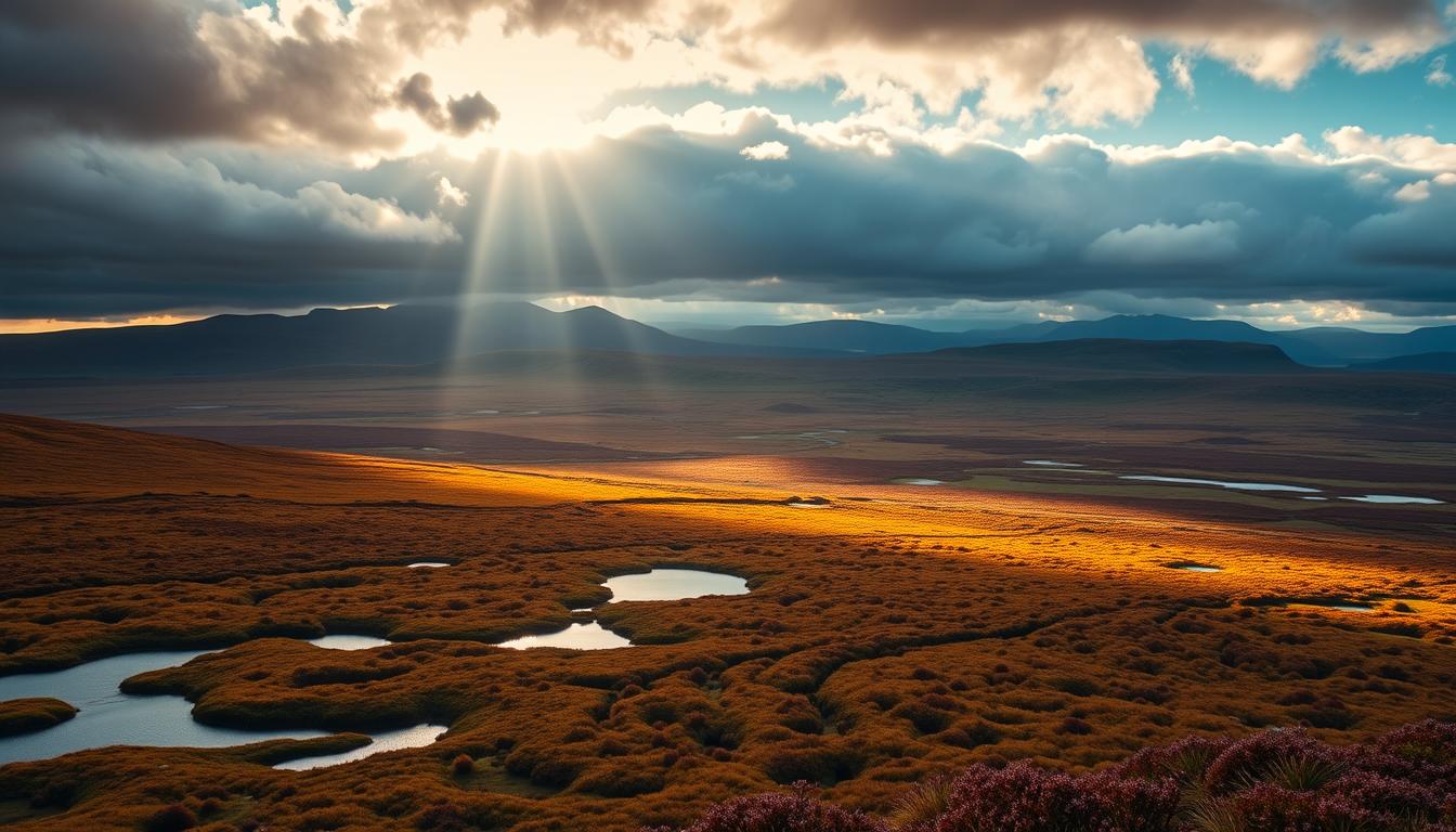 The Flow Country in Scotland showing vast peatlands and rolling hills under dramatic sky