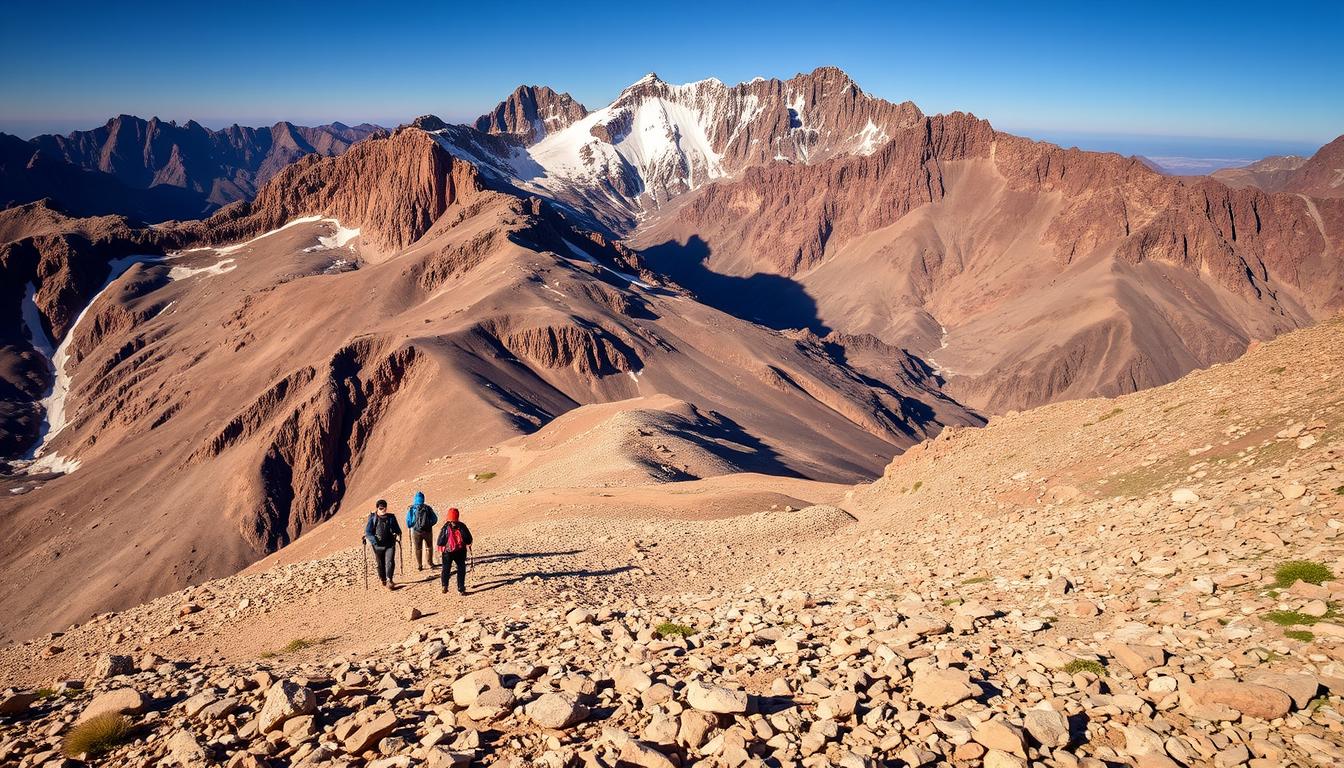 Hikers trekking toward Mount Toubkal summit in the Atlas Mountains - unforgettable experiences in Morocco