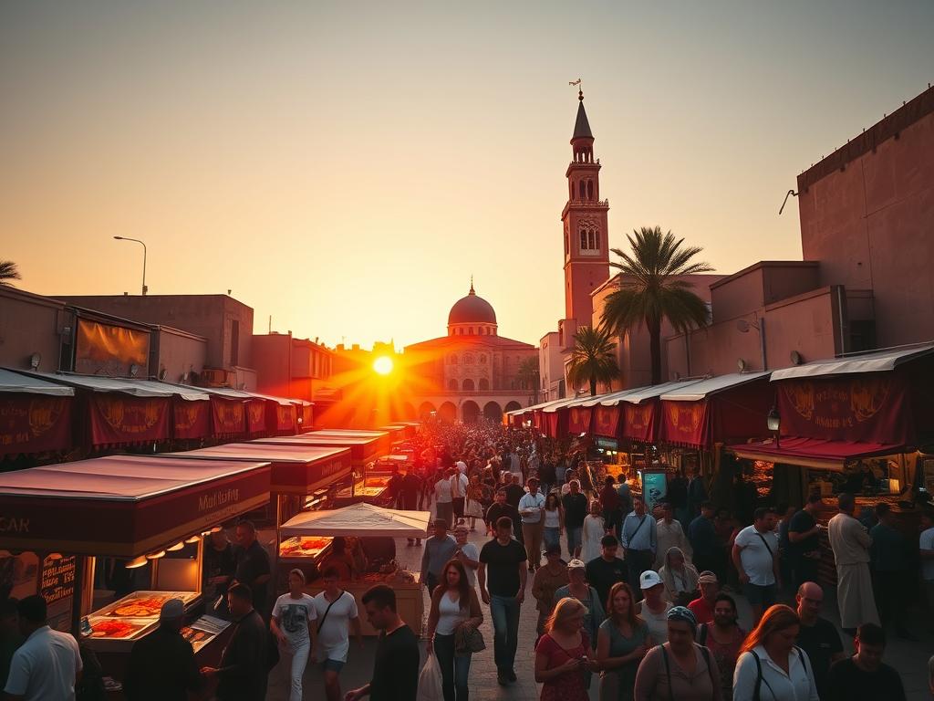 Jemaa el-Fna square in Marrakech bustling with activity at sunset, essential stop in any Morocco itinerary 7 days
