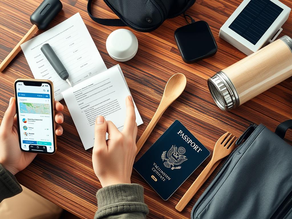 Person using digital travel tools on smartphone with passport and sustainable travel gear