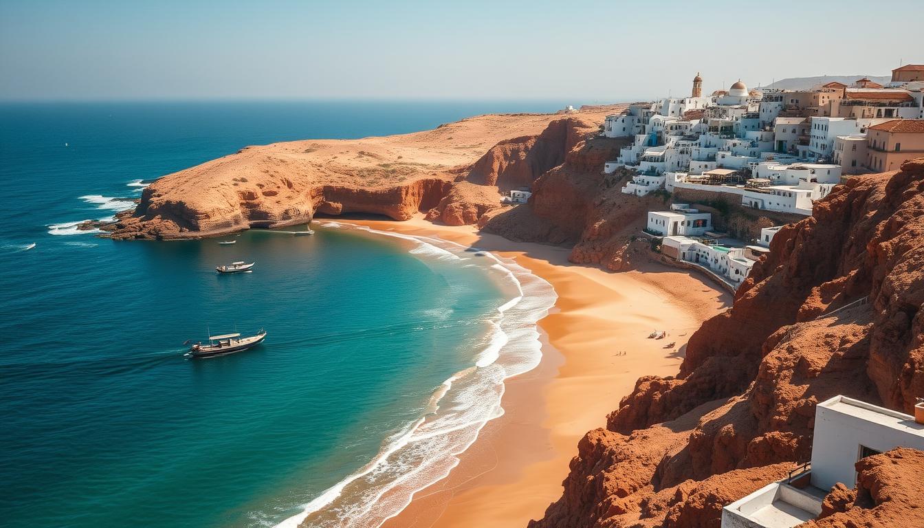 Morocco's Atlantic coastline with beaches and fishing boats