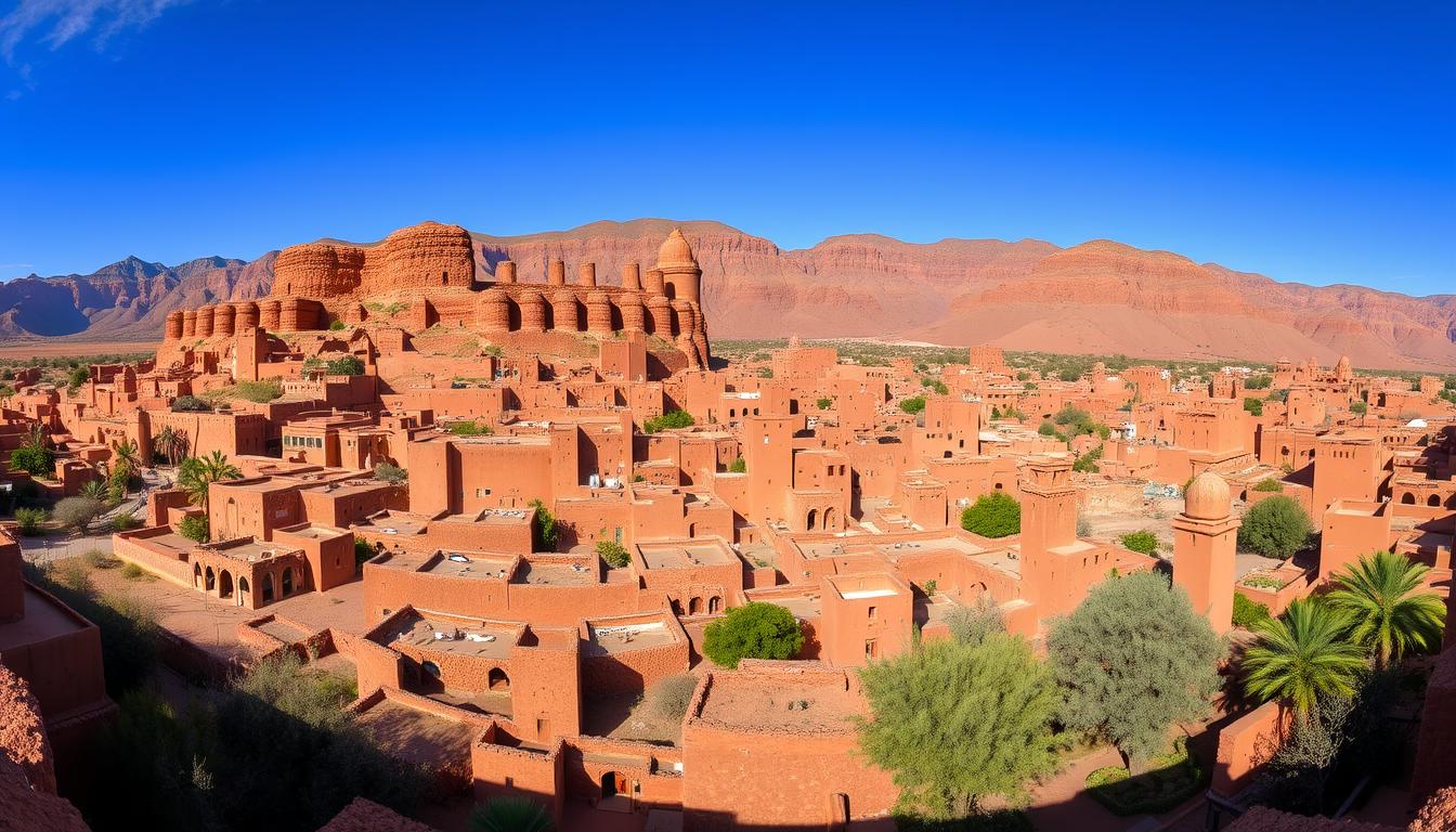 Ait Benhaddou ancient fortress with Atlas Mountains backdrop, essential stop in Morocco itinerary 7 days