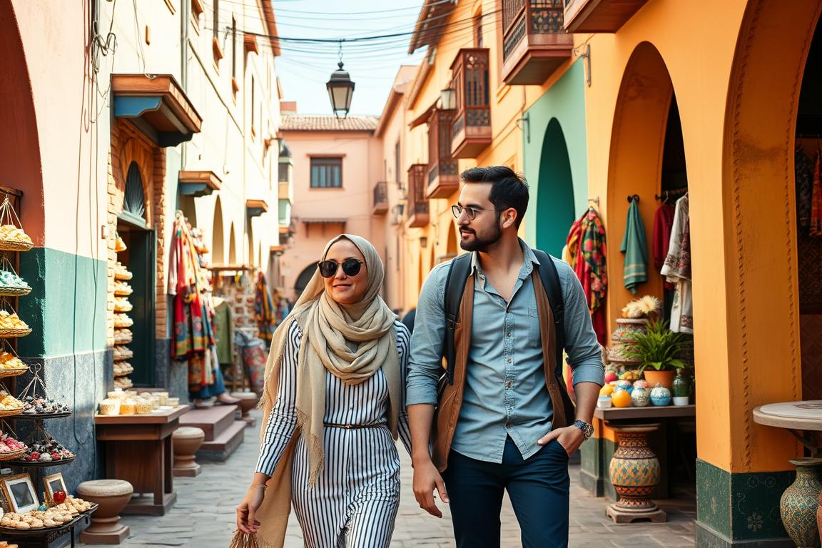 Couple exploring Moroccan medina dressed appropriately in Romantic Morocco