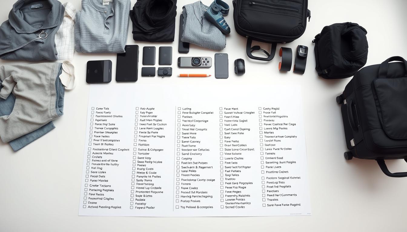 A meticulously organized travel packing checklist, laid out with precision against a clean, minimalist backdrop. In the foreground, a crisp, sans-serif font outlines a comprehensive list of essential items - from clothing and toiletries to electronics and documents. The middle ground features neatly folded garments, carefully arranged accessories, and a sleek, high-contrast luggage set. The background maintains a neutral, airy ambiance, with soft, diffused lighting casting a serene, organized atmosphere. The overall composition conveys a sense of efficiency, preparedness, and the promise of a seamless, stress-free journey.