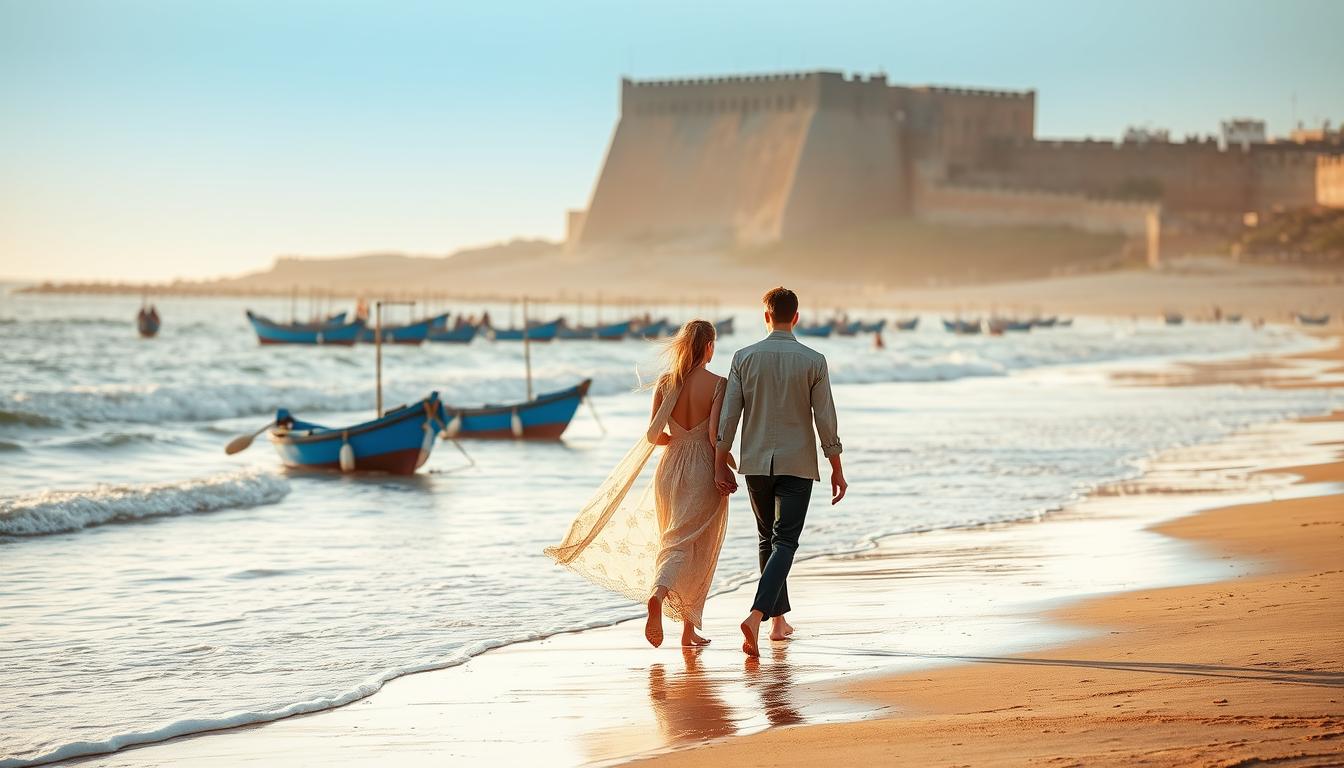 Couple walking on beach in Essaouira, Romantic Morocco