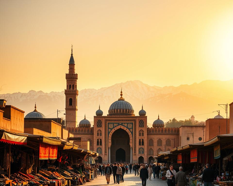 A vibrant Moroccan landscape, with the iconic silhouettes of minarets and domes rising against a golden-hued sky. In the foreground, a bustling open-air marketplace, its stalls overflowing with richly colored textiles, fragrant spices, and intricate metalwork. Middle ground features the grand entrance of a historic mosque, its ornate archways and intricate tilework inviting visitors to step inside and explore the timeless spirituality. In the distance, the snow-capped peaks of the Atlas Mountains provide a majestic backdrop, casting long shadows across the scene. Warm, diffused lighting bathes the entire composition, evoking a sense of timeless tradition and cultural heritage.