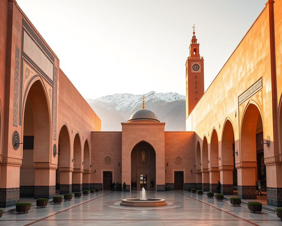 A sleek, modern mosque standing tall in the heart of Marrakesh, Morocco. Elegant arched entryways and intricate tile patterns adorn the facade, bathed in warm, golden light. The middle ground showcases a tranquil courtyard, with a central fountain and worshippers gathered in peaceful contemplation. In the background, the snow-capped Atlas Mountains provide a serene, majestic backdrop, creating a harmonious blend of ancient tradition and contemporary design. The scene evokes a sense of cultural evolution, where the timeless essence of Islamic architecture seamlessly integrates with modern influences, reflecting the dynamic and evolving nature of faith in the modern Moroccan landscape.