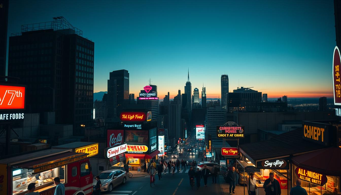 A bustling city skyline at night, neon signs illuminating the streets below. In the foreground, a diverse array of 24/7 food options - from gourmet food trucks to all-night diners, each with its own unique character. The middle ground showcases a lively mix of pedestrians, cyclists, and the occasional late-night reveler, all drawn to the tantalizing aromas and convenience of these urban culinary oases. In the background, towering skyscrapers and the faint glow of the horizon, creating a sense of boundless possibility and the never-ending rhythm of the city that never sleeps. Dramatic lighting, a cinematic angle, and a touch of urban grit capture the energy and dynamism of these all-night food havens in the heart of the metropolis. Food Open Near Me